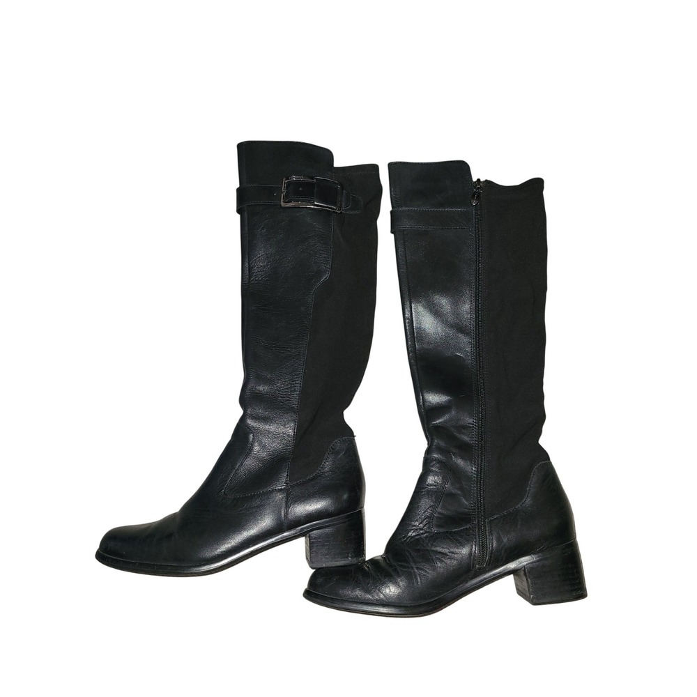 Tahari Karmel Black Leather‎ Tall Boots Womens 6M Stretch Back Block Heel Buckle